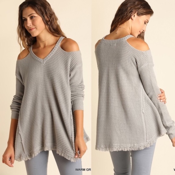 Cream Waffle Knit Cold Shoulder Sweater - Picture 3 of 3